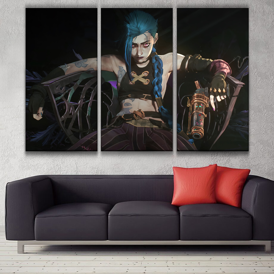 Jinx from Arcane Netflix TV Series league 3 panel canvas wall poster decoration